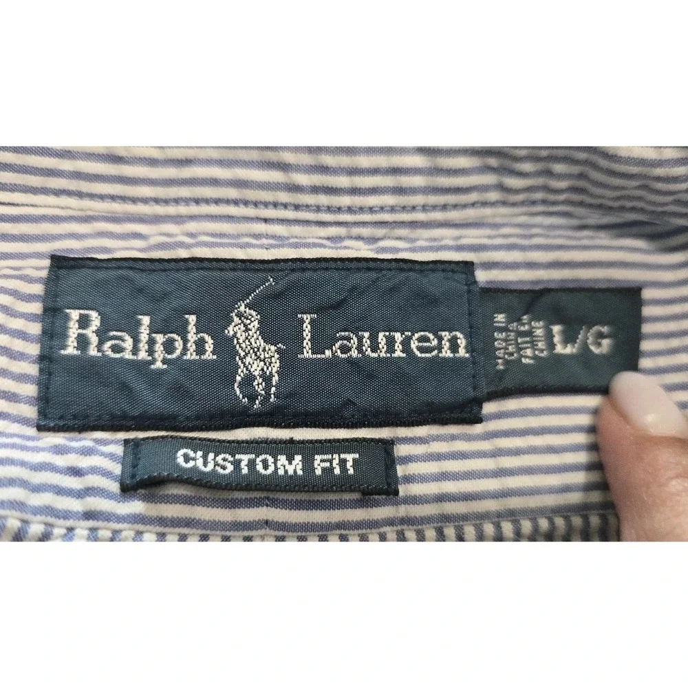 Polo Ralph Lauren Seersucker Short Sleeve Shirt‎ Mens L Blue Striped Pique Label